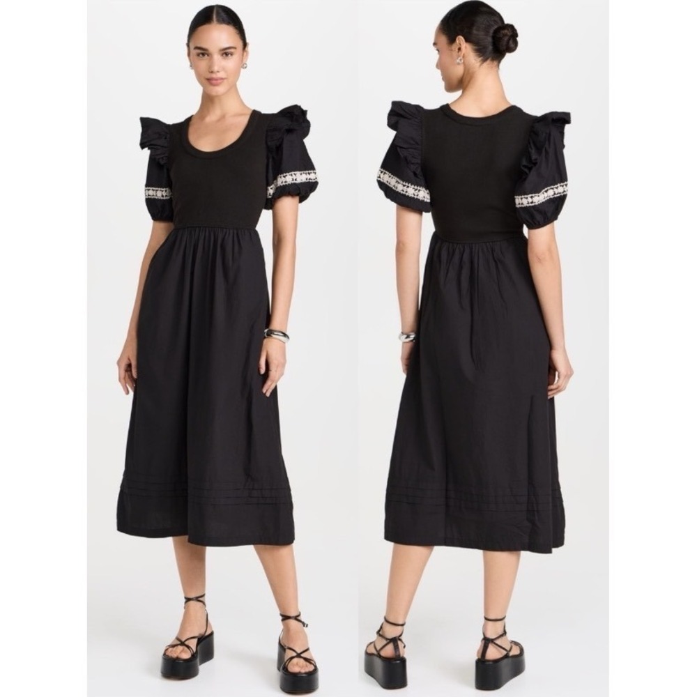 Cleobella Black Embroidered Puff Sleeve Selma Midi Dress Mixed Media Boho M